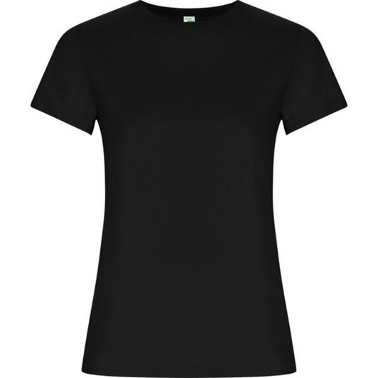 A black women's T-shirt with short sleeves and a slightly fitted silhouette. It features a logo on the label.