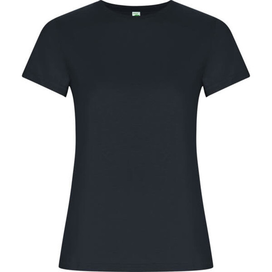 A navy women's T-shirt with a classic fit, short sleeves, and a simple design. It features a logo on the label.