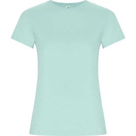 A mint green women's T-shirt with short sleeves and a round neck. It includes a logo on the label.