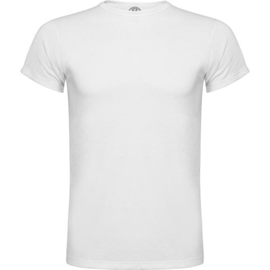 A white short-sleeved t-shirt with a simple crew neck design and a logo on the inside neckline.
