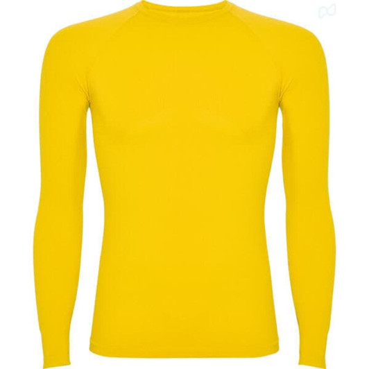 A yellow long-sleeved T-shirt with a fitted design and a logo on the chest area.