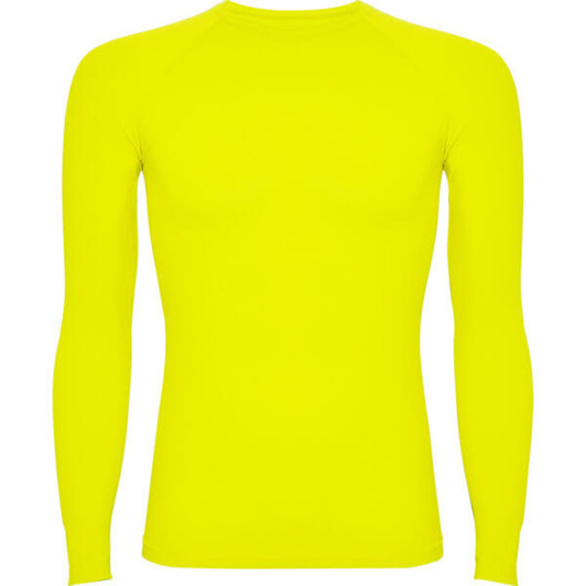 A long-sleeved t-shirt in bright yellow, featuring a fitted design and a simple branding logo.