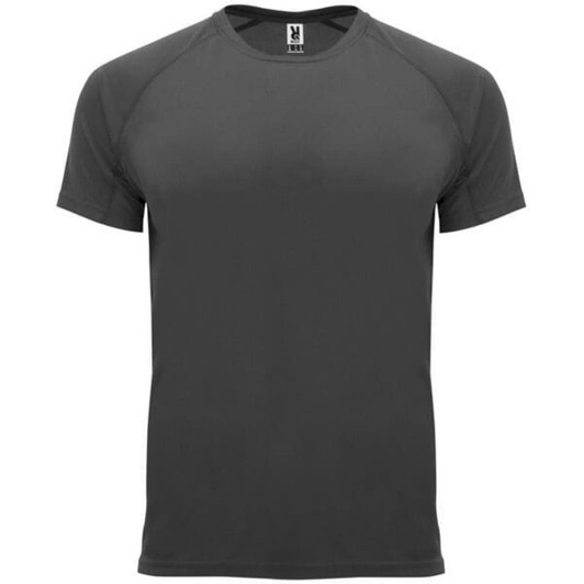 A grey T-shirt with short sleeves and a rounded neckline. It has a logo on the label.