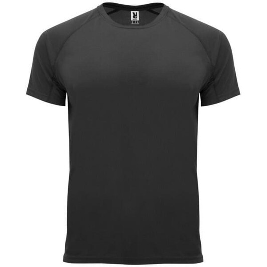 A black T-shirt featuring a round neck and short sleeves, with a logo on the label.