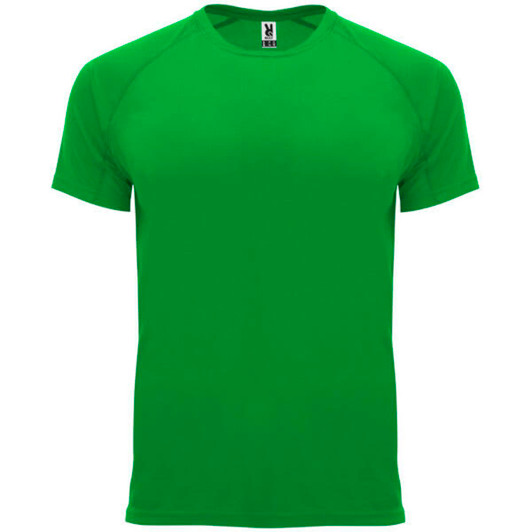 A green t-shirt with a round neckline and short sleeves. It features a logo on the label.