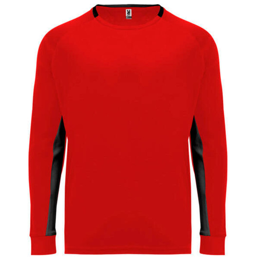 A red long-sleeved T-shirt with black accents and a logo. Suitable for casual or active wear.