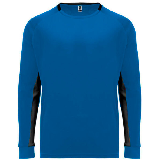 A blue long-sleeved t-shirt with black accents on the sides and a logo on the collar.