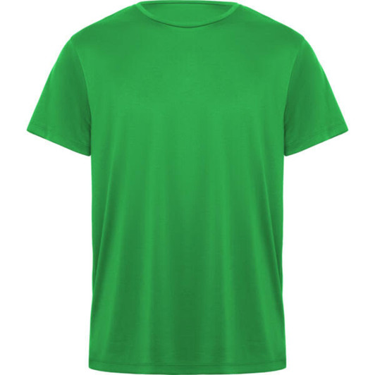 A green T-shirt with a crew neckline and short sleeves. The shirt has a branding logo.