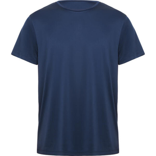 A plain navy blue t-shirt with a crew neck and short sleeves. It features a logo on the front.