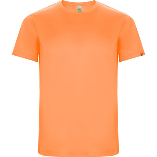 An orange Imola T-Shirt with a short sleeve design and a logo on the side.