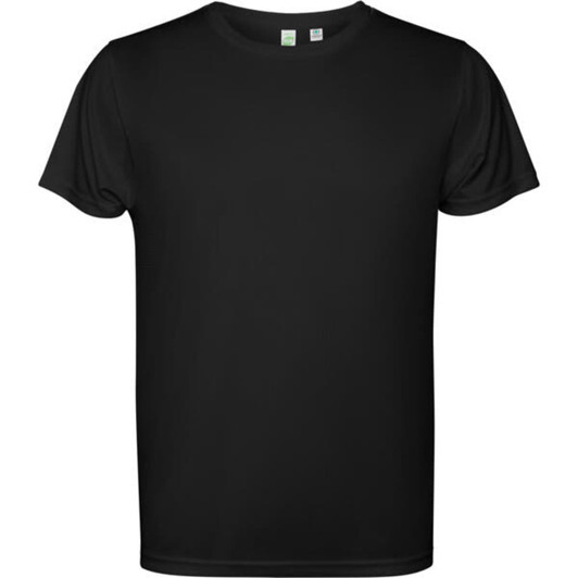 A black T-shirt featuring a crew neck and short sleeves. The product includes a logo at the neckline.