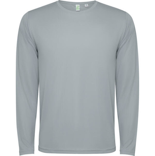 A long-sleeved t-shirt in light grey with a simple design and a logo on the label.