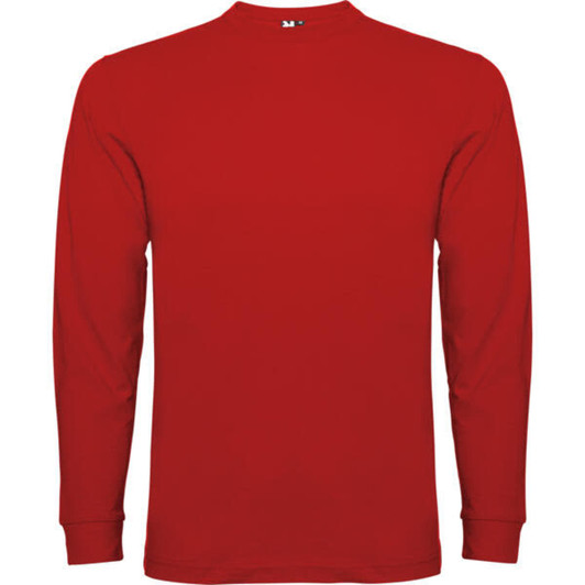 A red long sleeved t-shirt with a crew neck and long sleeves, featuring a logo on the back.
