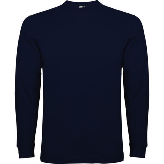 A navy long-sleeved T-shirt featuring a crew neck and a logo.