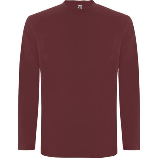 A maroon long-sleeved t-shirt with a crew neck and a small logo on the collar.
