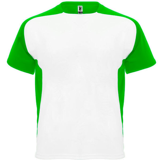 A green and white T-shirt featuring short sleeves and a rounded neckline, with a logo on the label.