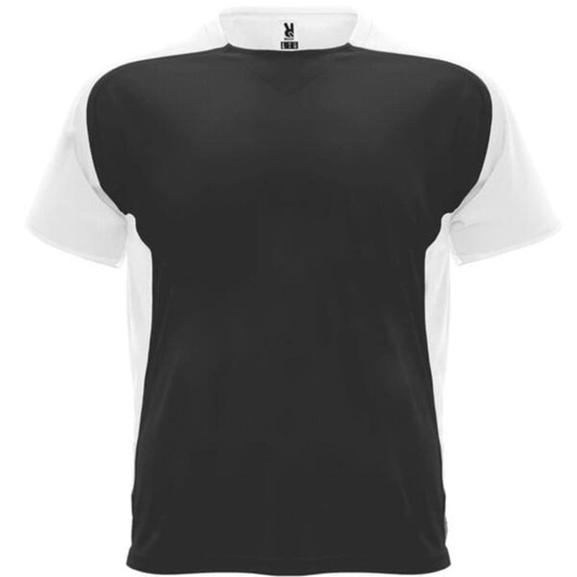 A black and white T-shirt featuring a contrasting colour design and a logo on the upper back.