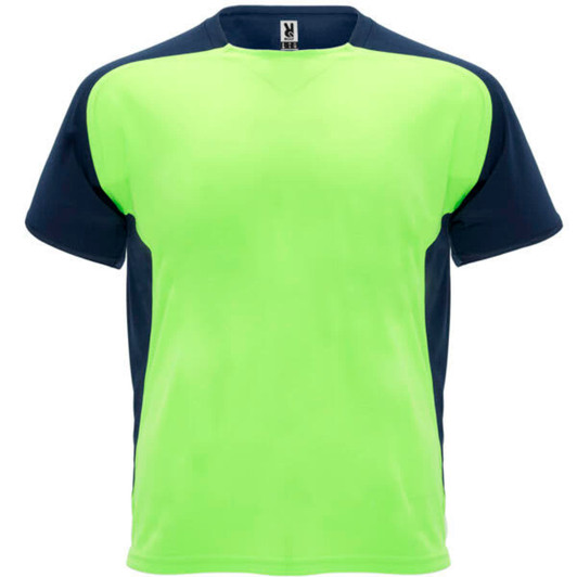 A brightly coloured lime green and navy blue T-shirt featuring a logo. Short-sleeved design.