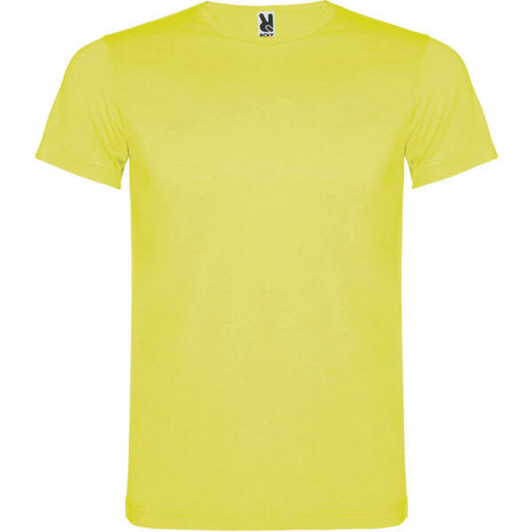 A bright yellow t-shirt with a round neck and short sleeves, featuring a logo on the collar.