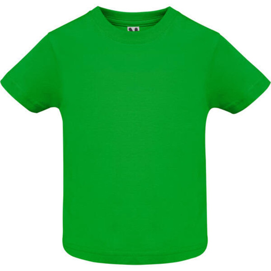 A green youth t-shirt with a round neckline and short sleeves, featuring a small logo on the label.