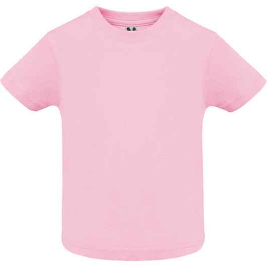 A pink youth t-shirt with a round neckline and short sleeves, featuring a branding logo.