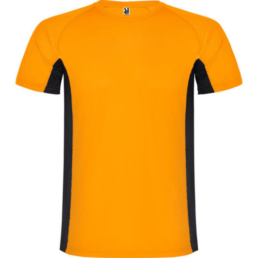 An orange T-shirt featuring black side panels and a logo on the neckline.
