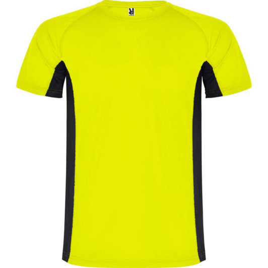 A vibrant yellow T-shirt with black side panels and a logo on the neckline. Suitable for casual wear.