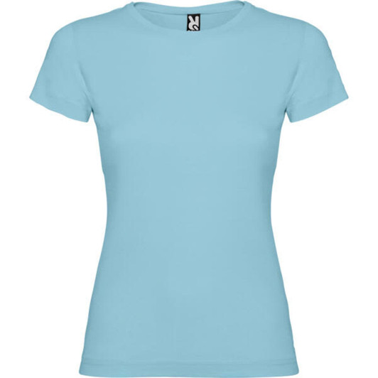 A light blue women's t-shirt featuring a crew neck and short sleeves, with a label on the inside.