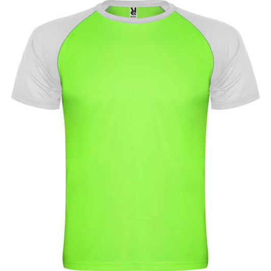 A bright green T-shirt with grey raglan sleeves and a simple design. It features a logo on the upper back.