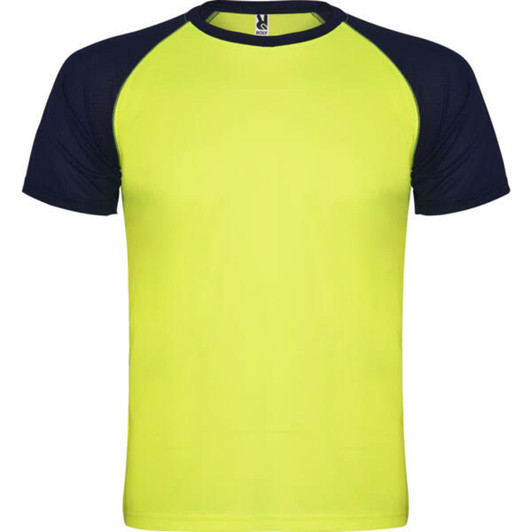 A vibrant yellow T-shirt with navy blue raglan sleeves and a logo. Ideal for casual wear.