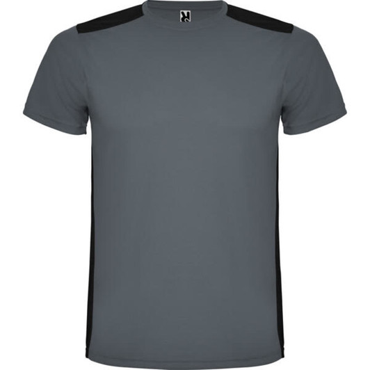 A grey T-shirt with black shoulder panels and a logo on the front. Short-sleeved design.