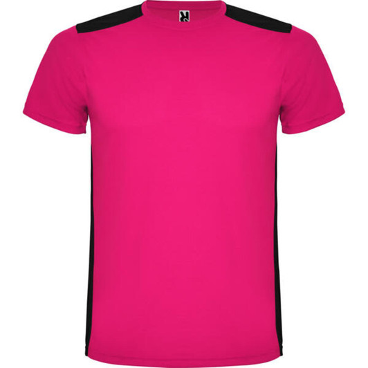 A pink T-shirt with black side panels and a logo on the collar.