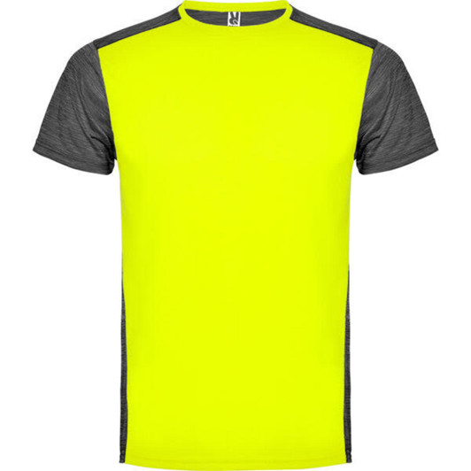 A bright yellow and grey t-shirt featuring short sleeves and a logo on the chest area.