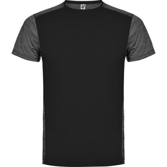 A black T-shirt featuring grey shoulder panels and a logo on the collar. Short sleeves and a classic fit design.