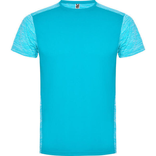 A turquoise T-shirt with contrasting light blue sleeves and a logo on the collar.