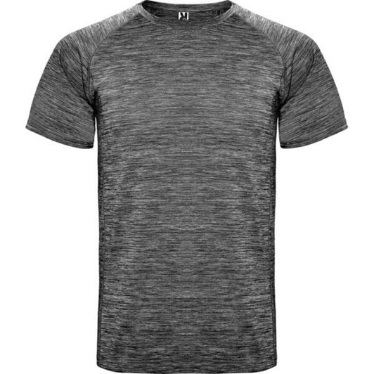 A men's short-sleeve T-shirt in a textured grey colour with a logo on the collar.