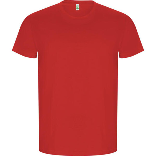 A red T-shirt featuring a round neck and short sleeves, with a small logo on the label.