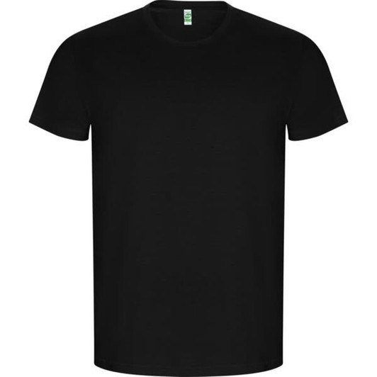 A black t-shirt with a round neckline and short sleeves. Features a logo on the label.