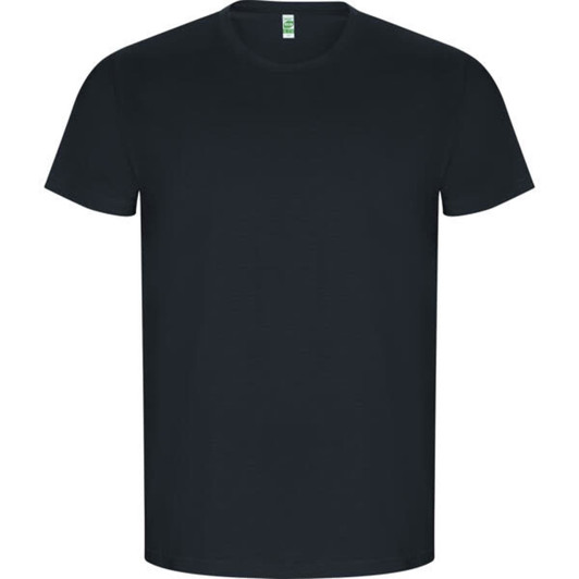 A plain black t-shirt with short sleeves, featuring a label inside the collar.