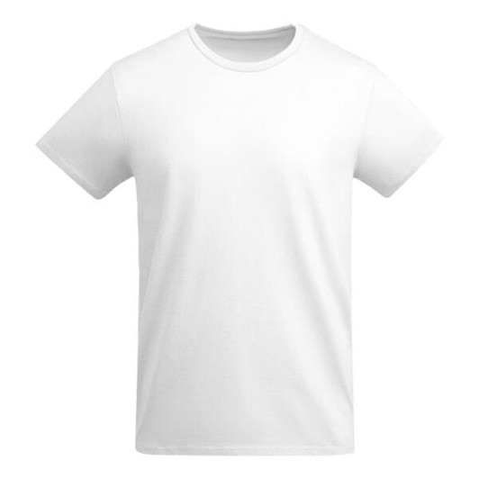 A plain white t-shirt featuring a round neckline and short sleeves. It has a logo on the chest area.