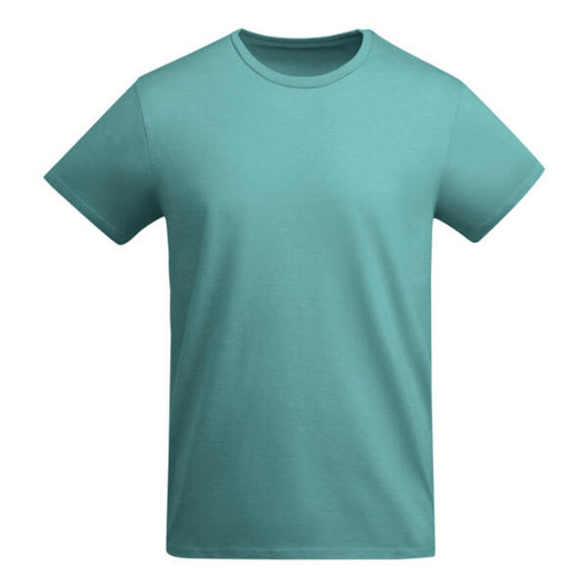 A turquoise T-shirt featuring a round neckline and short sleeves, with a small logo on the front.