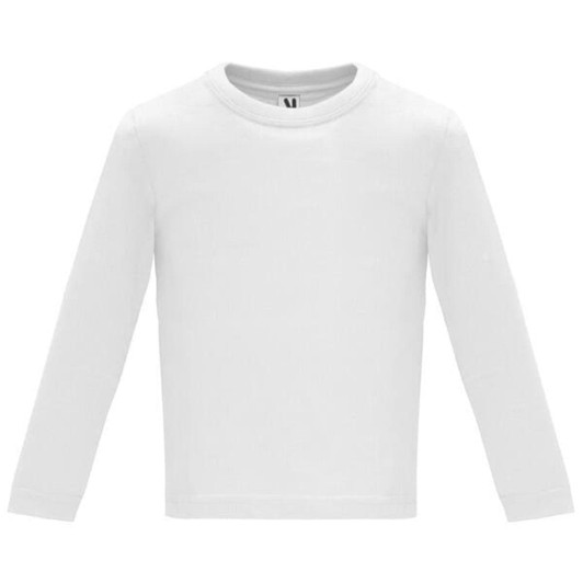 A white long-sleeved youth t-shirt featuring a crew neck design. Includes a small logo on the collar.