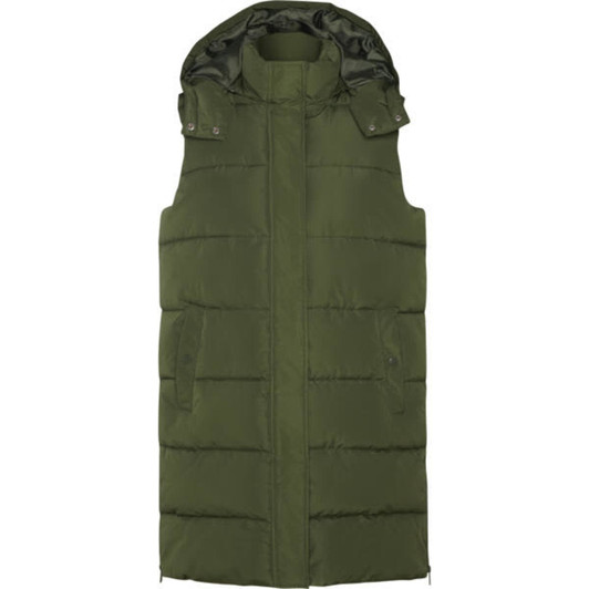 A green padded vest with a hood, featuring side pockets and a zip closure. It has a simple design and includes branding.