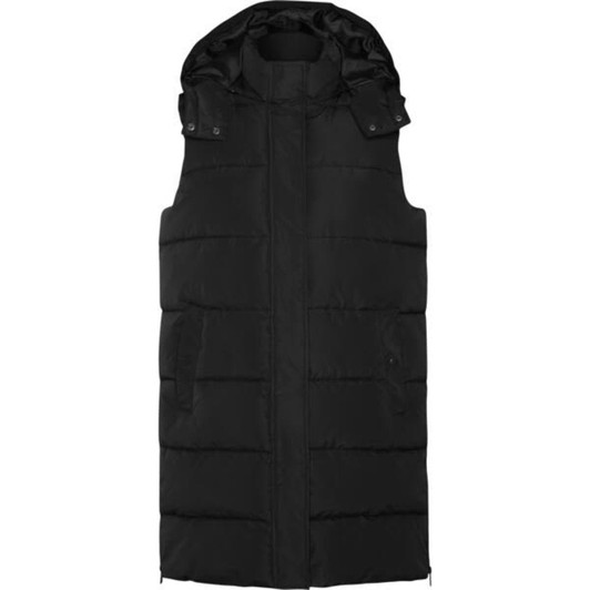 A black women's padded vest featuring a hood, with a quilted design and front pockets. It also has branding.
