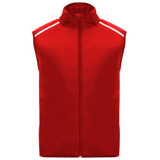 A red ultra-light windbreaker vest with a high collar and reflective stripes. It features a front zipper and no sleeves.