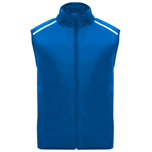 A blue windbreaker vest with a zip front and reflective strips on the shoulders. It features a logo on the chest.