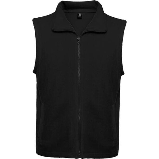 A black fleece vest with a zip front and a tall collar. It features a logo on the chest area.