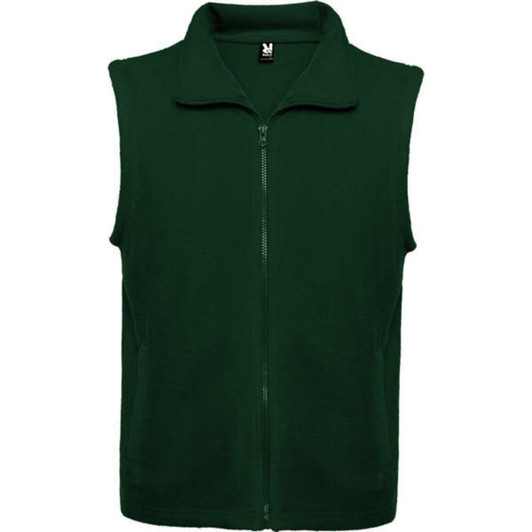 A green fleece vest with a zip front and a collar, featuring side pockets and a logo.