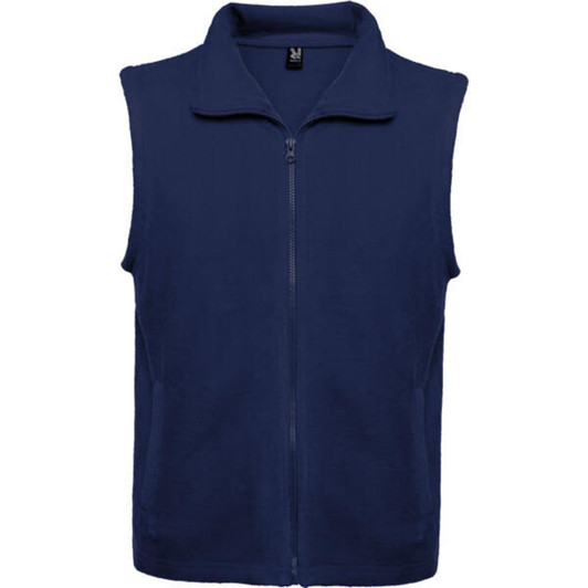 A navy fleece vest with a zip front and a collar, featuring a logo on the chest area.