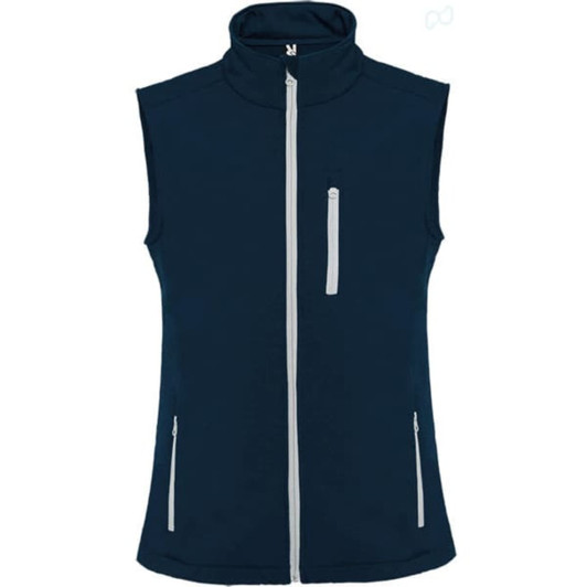 A navy blue vest with a high collar and front zip, featuring two side pockets and a chest pocket.